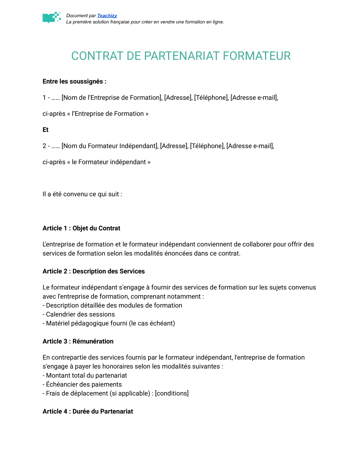 Modèle contrat de partenariat formateur PDF et Word à télécharger