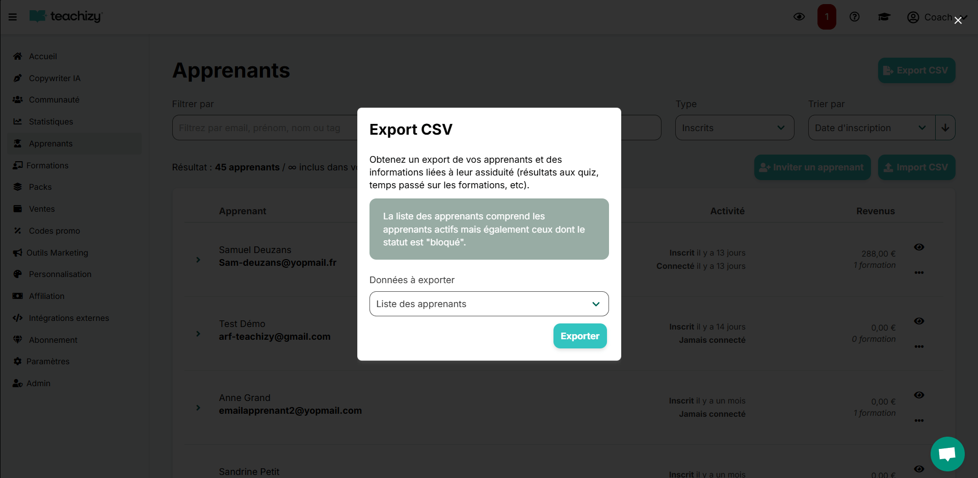 Import/export des données apprenants